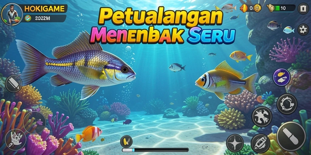 Screenshot tampilan gameplay HOKIGAME dengan aksi menembak ikan.