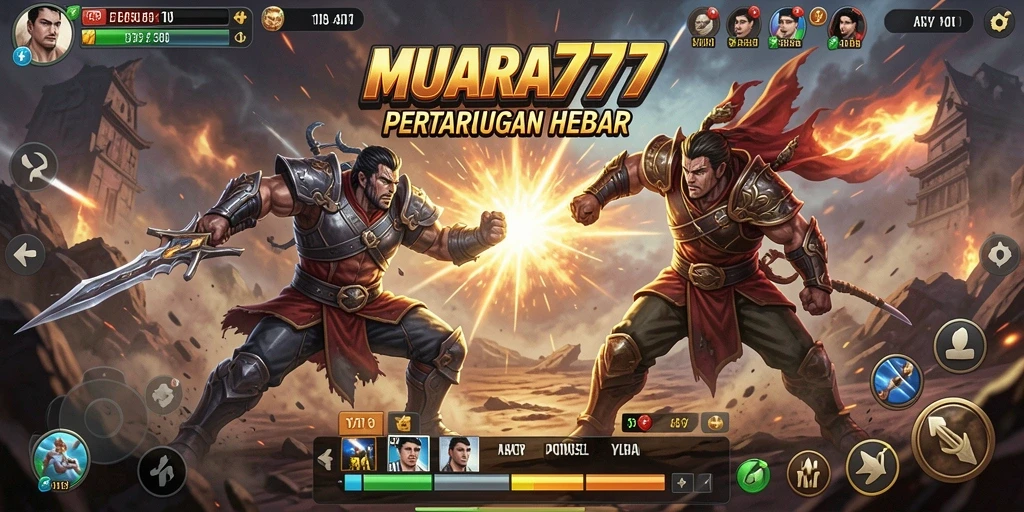 Screenshot gameplay MUARA777 menunjukkan pertarungan seru antara karakter-karakter hebat.